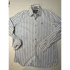 American Eagle Button Up Shirt Men Medium Vintage Fit White Blue Stripe Stain